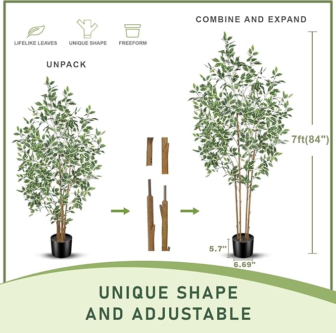 Ficus Tree Artificial 7ft - Artificial Ficus Trees Indoor with Natural Trunk and Lifelike Leaves - Faux Ficus Tree for Home Office Corner Indoor Decor
