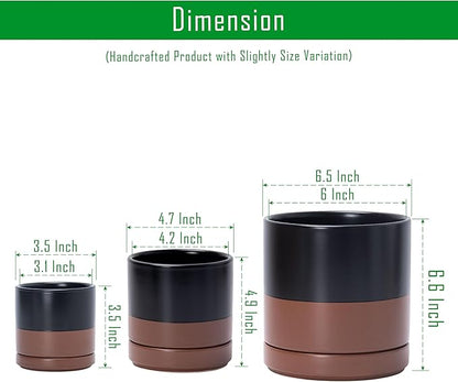 D'vine Dev 3 Inch & 4 Inch & 6 Inch, Set of 3 Round Ceramic Planter Pot with Drainage Hole and Saucer, Black/Speckled Tan, 94-T-S-7