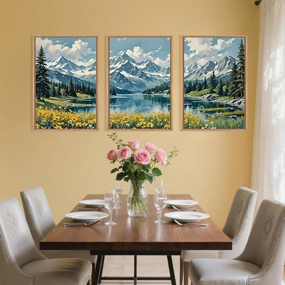 BICERE Large Snow Mountain Wildflower Framed Canvas Wall Art,Pine Tree Woodland Wall Decor,Forest Floral Lake Wall Painting,Watercolor Scenery Artwork for Living Room,Bedroom,Dining Room,Office -24"x36"x3