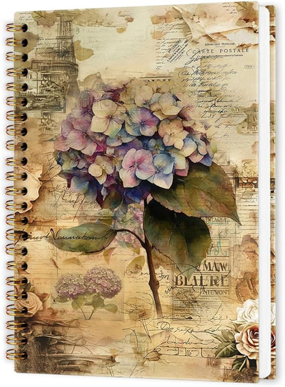 Classical Hydrangea Spiral Notebook, Vintage Mid Century Floral Journal Notebook, Hydrangea Flower Journaling Notebooks for Women, Retro Floral Office School Supplies Gifts, 5.5x8.3 Inch