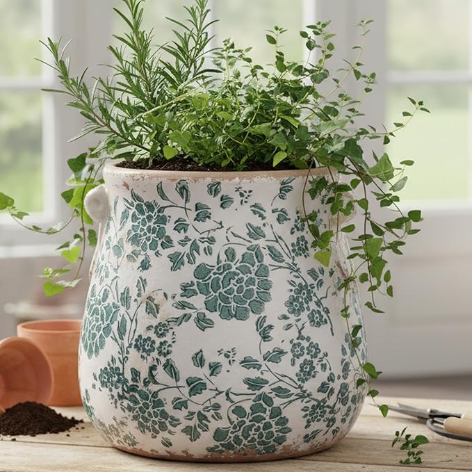 Tuscan Ceramic Planters, 6.68 Inch Vintage Plant Pots with Drainage for Indoor/Outdoor, Country Cottage Vase & Flower Pots for Home and Garden Decor, Gifts for Plant Lovers, Cyan