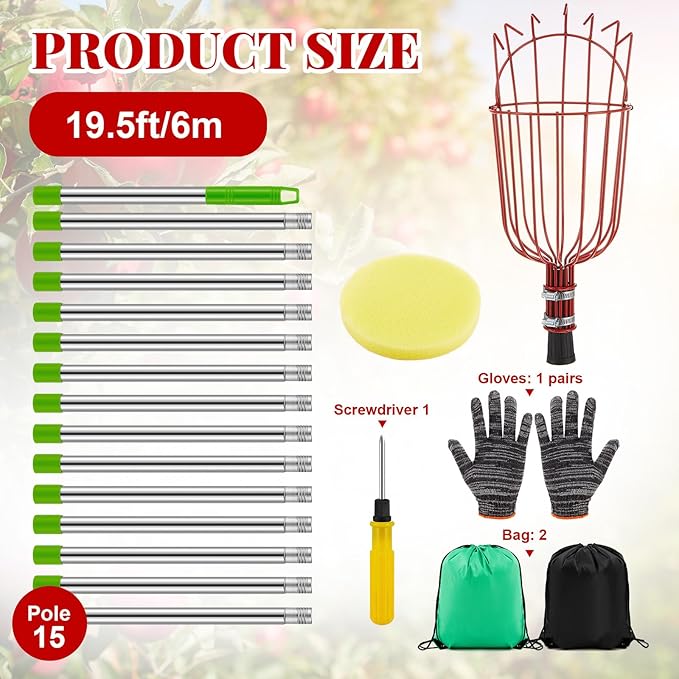19.5ft Adjustable Fruit Picker Pole with Basket Long Handle with Storage Bag and Gloves Fruit Picker Equipment for Lemons Apples Avocados Picking(Red)