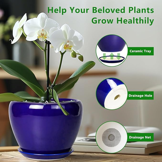 Ceramic Planter 10 Inch - Indoor Plant Pot for Plants with Drainage Hole and Saucer Large Planter Round Outdoor Flower Pot Mid-Century for House Patio Decor Blue