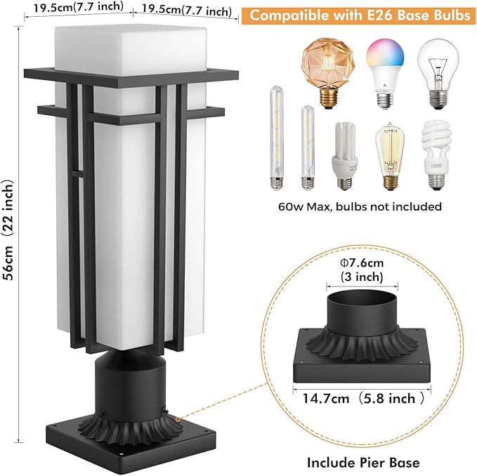 Outdoor Post Light Fixture - Aluminum Lamp Posts Outdoor Lighting, Outdoor Lightpost Lantern with 3-Inch Pier Mount Base Outside Pole Lighting for Porch Garden (22''H, 1 pc)