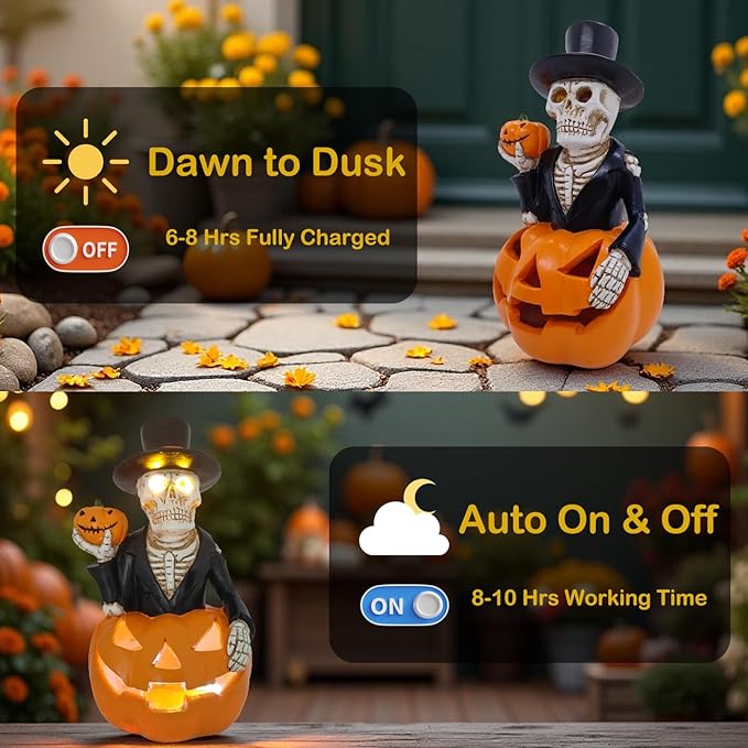 Solar Outdoor Decorations Wizard Skeleton with Pumpkin Figurine Lights, Fall Pumpkin Garden Decor for Yard Patio Porch Balcony, LED Skull Gothic Party Accessories, Home Gift for Thanksgiving Harvest