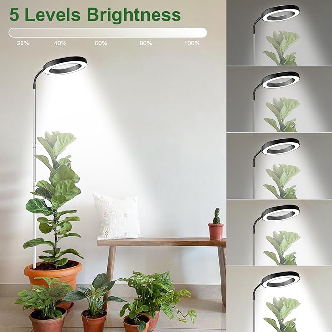 wolezek Grow Lights for Indoor Plants Full Spectrum, 80 LEDs 3 Colors Grow Light, 65in Plant Lights for Indoor Growing with 360°Gooseneck, 6/12/16H Timer, 5 Brightness, Height Adjustable, Black Pair