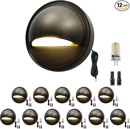 Gardenreet LED Step Lights - 12V Brass Low Voltage Deck Light Outdoor, Landscape Hardwired Waterproof, Antique Bronze Lighting for Wall Yard Stair with Daylight White Replaceable G4 Bulb 12 Pack