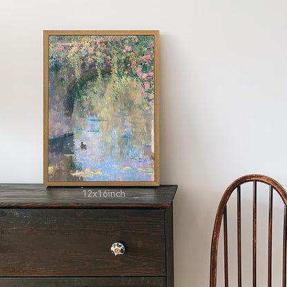 CAZLOUC Vintage Monet Floral Wall Art, Rustic Still Life Canvas Painting, Impressionist Pond Duck Wall Decor, Watercolor Botanical Landscape Poster Print for Bedroom Bathroom Wood Framed 16x24 Inch