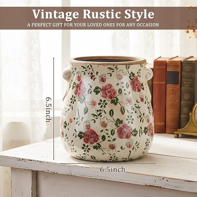 Ceramic Scroll Planter 6.5 Inch Chinoiserie Floral Vase with Drainage Holes Vintage Flower Vase Flower Pot Rustic Ceramic Pots for Indoor Plants Garden Home Bookshelf Decor (Red Plum)