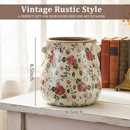 Ceramic Scroll Planter 6.5 Inch Chinoiserie Floral Vase with Drainage Holes Vintage Flower Vase Flower Pot Rustic Ceramic Pots for Indoor Plants Garden Home Bookshelf Decor (Red Plum)