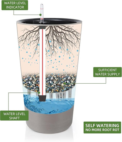 Dexceder 22x13 Tall Self Watering Planter High Cylinder Indoor Outdoor, Thickened Large Floor Standing Flower Plant Pot with Water Level Indicator (Coffee, Wire Drawing)