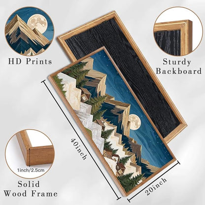 Large Mountain Wall Art Framed Rustic Wood Mountain Wall Decor for Living Room Bedroom Dining Room Office 20x40 Inch Single Artwork