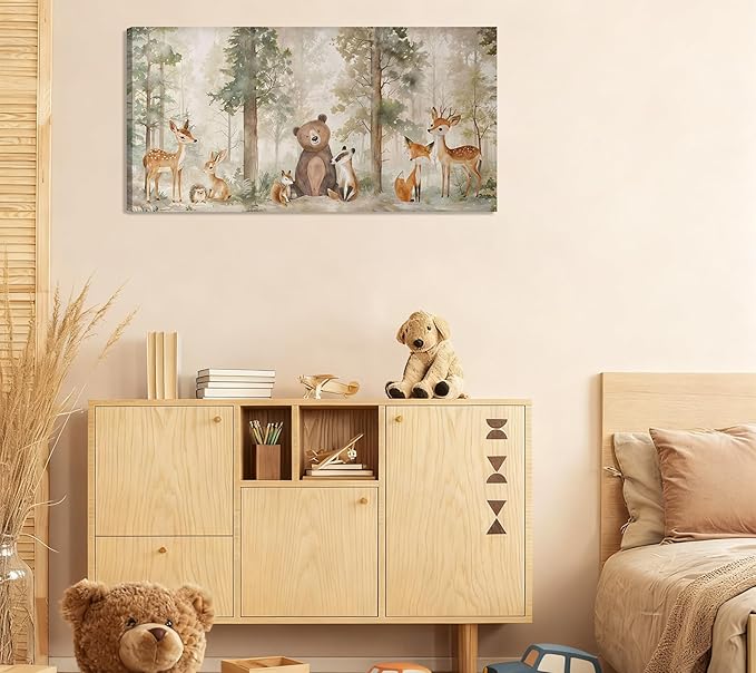 Large Frame Woodland Animal Nursery Canvas Wall Art Wild Animal Forest Painting Picture Wall Decor Fox Bear Deer Watercolor Poster Printing Artwork for Boys Room Girls Room Home Decoration 24x12"