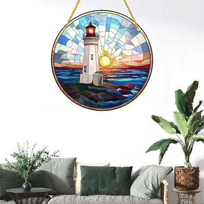 Acrylic Stained Window Hanging Sea Lighthouse Acrylic Decoration for Indoor Outdoor Home Bar Office Garden Plastic Ornament Decor 12x12 Inch