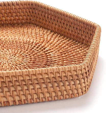 Hexagon Rattan Serving Tray for Coffee Table Woven Decorative Basket Trays for Ottoman Natural (9.8inch x 2inch)