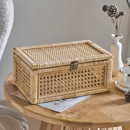 Rattan Box, Boho Decorative Boxes with Lids, Set of 2 Rectangular Wicker Storage Basket, Natural Woven Cane Bins for Home Decor (Rectangular)