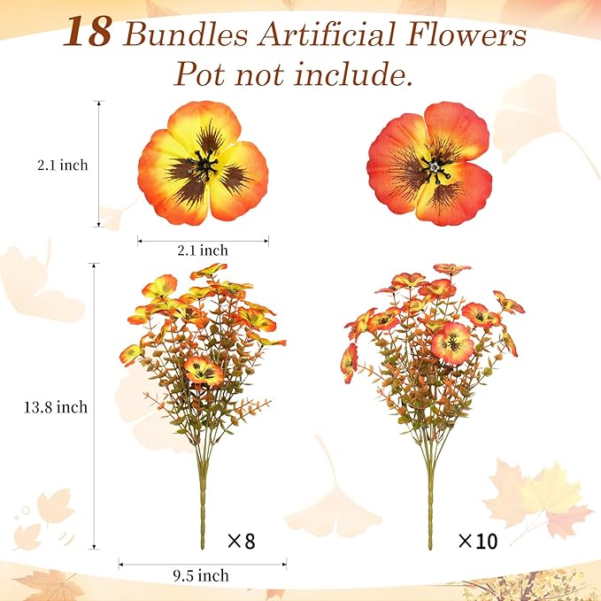 18 Bundles Fall Artificial Flowers for Outdoor, UV Resistant Fake Flowers, Silk Faux Pansies Flowers for Thanksgiving Decoration Planters Home Garden Office Patio Front