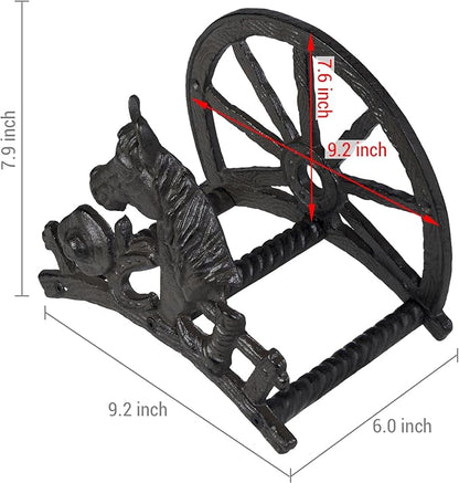 MyGift Heavy Duty Hose Holder, Cast Iron Outdoor Garden Hose Hanger Wall Mounted Water Hose Holder Reel with Vintage Scrollwork Design (Horse and Wagon)
