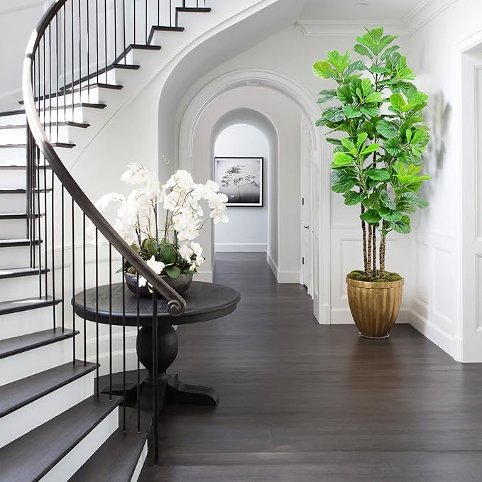 ROOMTEC Artificial Fiddle Leaf Fig Tree,7 FT Tall Artificial Tree with Woven Seagrass Plant Basket Fake Floor Plant in Pot for Home Decor Living Room Indoor Outdoor Office Bedroom Decor