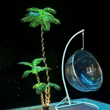 Solar Artificial Palm Tree Christmas Tree 7Ft 3Trunks 260LED Lighted Simulation Tropical Palm Tree Fake Plant Light for Patio Home Office Beach Yard Cruise Party Tiki Bar Decorations
