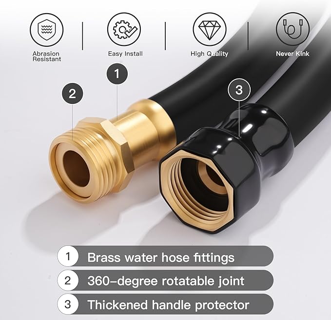 Garden Hose 5/8" x 50ft - Brass Rubber Heavy Duty Water Hose 600 PSI Burst Pressure, Durable Flexible Hose for Yard, Car Wash, Pets Black
