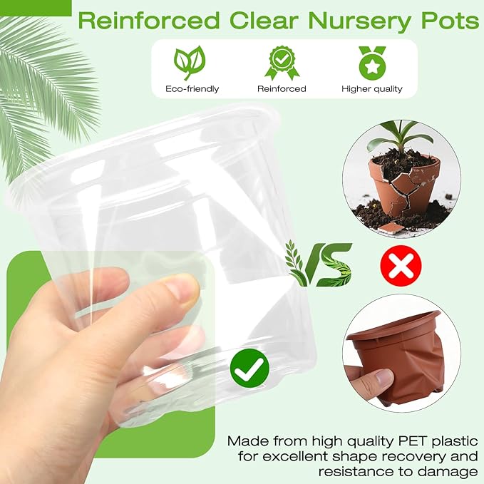 7 Inch Clear Nursery Pots with Drainage Trays, 15 Pack Plastic Pots for Plants, Clear Pot for Seed Starting, Transplanting, Succulents, and Indoor Gardening (7 inch)