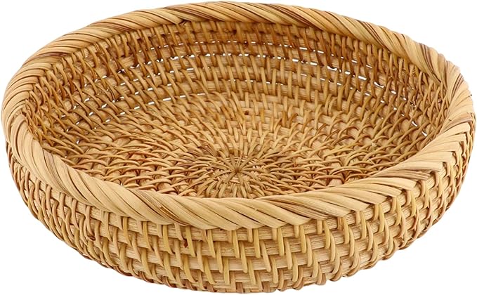 Small 7 Inch Natural Rattan Bread Basket,Handwoven Round Wicker Serving Bowls,Kitchen Wicker Fruit Basket Tray for Kitchen Counter Organizing Entryway Farmhouse Decor(7 Inch)