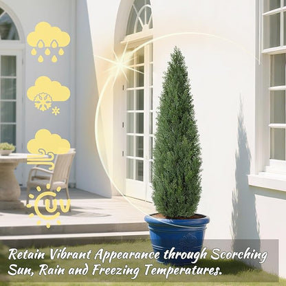 Artificial Cedar Trees for Outdoor 4 FT, 2 Set Outdoor Faux Cedar Bushes Topiary UV Protection and Lush Fake Cypress Shrubs for Front Door Porch Patio Garden Balcony Fence Outside Decoration
