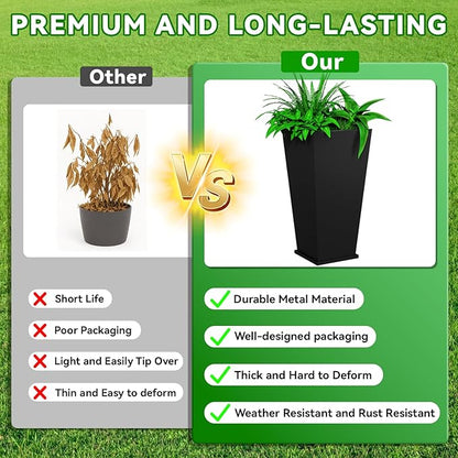 Tall Metal Planter Box, 15" L x 15" W x 30" H 2-Pack Outdoor Planters with Removable Tray, Heavy Duty Steel Front Porch Planters for Patio, Balcony, Indoor(Black)
