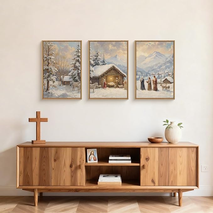 HOURIA Christian Christmas Nativity Framed Canvas Wall Art Set,Religious Mary Joseph & Jesus Christ Biblical Decor,Holy Family Star of Bethlehem Winter Artwork for Living Room,Church,Holiday-16"x24"x3