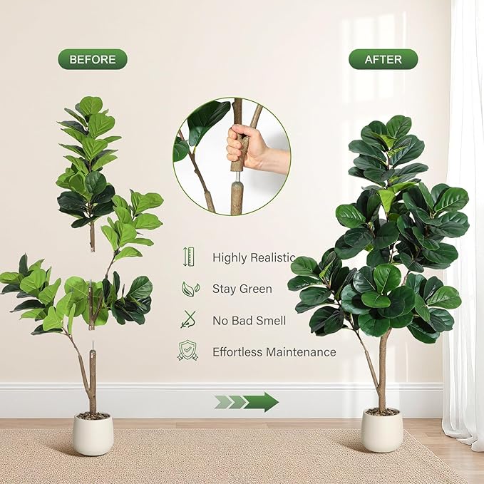 5 ft Fiddle Leaf Fig Tree Artificial with 77 Leaves - Realistic Faux Ficus Lyrata Trees in 7.8 in White Planter Pot, Indoor Fake Floor Plants for Home Office Living Room Decor, Housewarming Gift