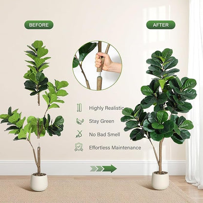 5 ft Fiddle Leaf Fig Tree Artificial with 77 Leaves - Realistic Faux Ficus Lyrata Trees in 7.8 in White Planter Pot, Indoor Fake Floor Plants for Home Office Living Room Decor, Housewarming Gift