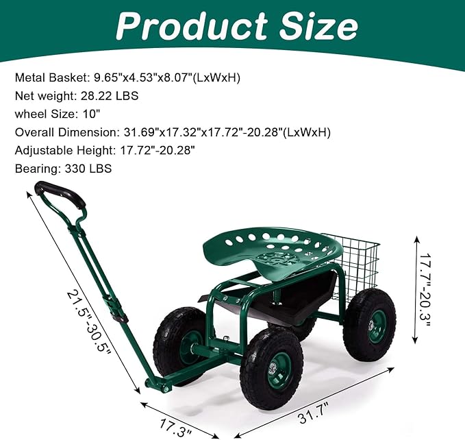 Outvita Garden Cart Rolling Workseat with Wheels, Gardening Stool with Adjustable 360 Degree Swivel Seat, Extendable Handle, Tool Tray & Storage Basket, Gardening Scooter for Yard, Planting, Green