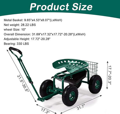 Outvita Garden Cart Rolling Workseat with Wheels, Gardening Stool with Adjustable 360 Degree Swivel Seat, Extendable Handle, Tool Tray & Storage Basket, Gardening Scooter for Yard, Planting, Green