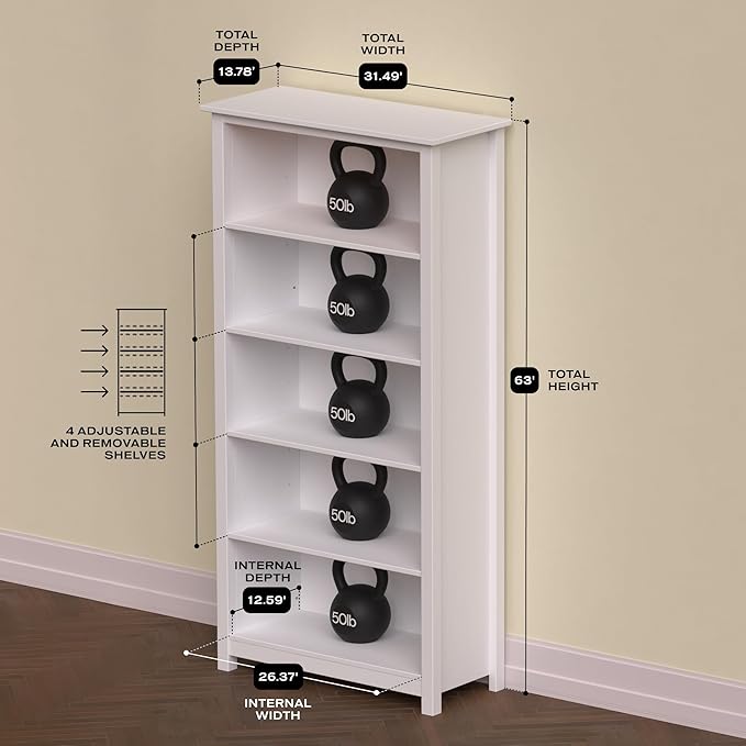 From the Tree Furniture Solid Pine Wood Bookcase – Tall Bookshelf with 4 Adjustable Shelves for Home, Office & Kids Room