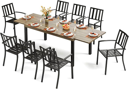 PHI VILLA 9 Piece Outdoor Dining Set for 8, Expandable Wood-Like Metal Dining Table & Wrought Iron Stackable Chairs, Large Dining Furniture for Patio, Deck, Backyard, Porch