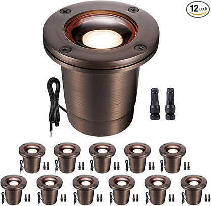 Gardenreet Brass Well Lights 12V - Ip67 Low Voltage Outdoor Light, LED Hardwired In-Ground Lighting, Antique Bronze for Lawn Pathway Wall Without MR16 Bulb (12 Pack)