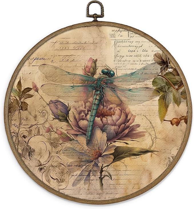 MAQIKA Farmhouse Dragonfly Framed Wall Art Decor, Dragonfly Wall Decor, Dragon Fly Floral Round Wall Hanging Decor, Vintage Dragonflies Canvas Prints Wall Art for Bathroom Living Room Home, 10x10 Inch