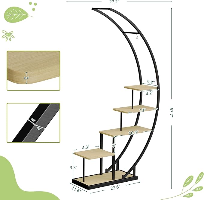 JACK&JULIA Plant Stand, Half Moon 5 Tier Tall Metal Plant Shelf with 3 Hooks, Large Curved Shape Rack Plant Holder for Living Room, Garden, Patio, Balcony