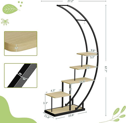 JAKE&JULIA Plant Stand, Moon 5 Tier Tall Metal Plant Shelf with 3 Hooks, Large Curved Shape Rack Plant Holder for Living Room, Garden, Patio, Balcony