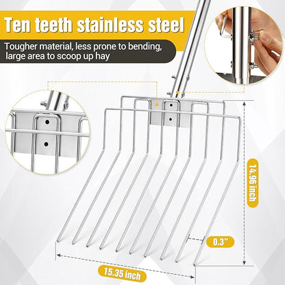 Pitchfork for Gardening, 50" Multifunctional Stainless Steel Garden Pitchfork with Handle, Suitable for Shoveling, Fertilizing, Transplanting, Mulching Garden Fork - 10 Tines