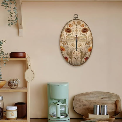 LKETW Vintage Floral Dragonfly Oval Wall Art Decor, Cottagecore Flower Dragonfly Oval Canvas Hanging Decor, William Morris Floral Aesthetic Wall Decorations for Home Bedroom Office, 8.6x11.4 Inch