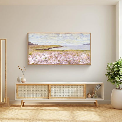 HOURIA Watercolor Pink Floral Coastal Landscape Framed Canvas Wall Art Set,Nature Inspired Wildflower & Meadow Cottage Field Wall Decor,Modern Seaside Beach Artwork for Living Room,Farmhouse-20"x40"x1