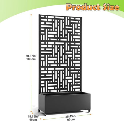 Metal Raised Garden Bed with Trellis, 2-in-1 Planter Box & Privacy Screen for Climbing Plants, Outdoor Standing Flower Bed with Drainage Holes, 35.4" L x 15.7" W x 70.1" H, Black-Helen