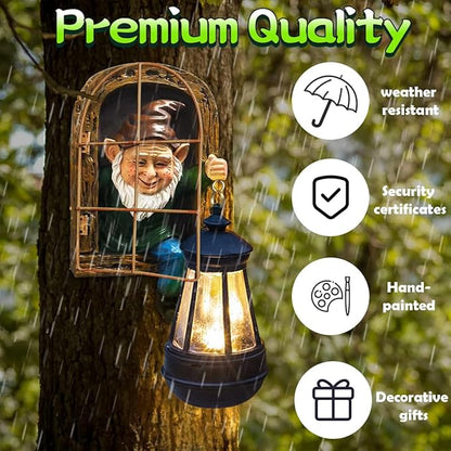 Gnomes Statue with Solar Lights Christmas Decorations Whimsical Fairy Garden-Elf Outdoor Tree Hugger Garden Statues- Tree Face Sculpture, Yard Art for Patio,Fence,Lawn,Wall Gnomes Ornament