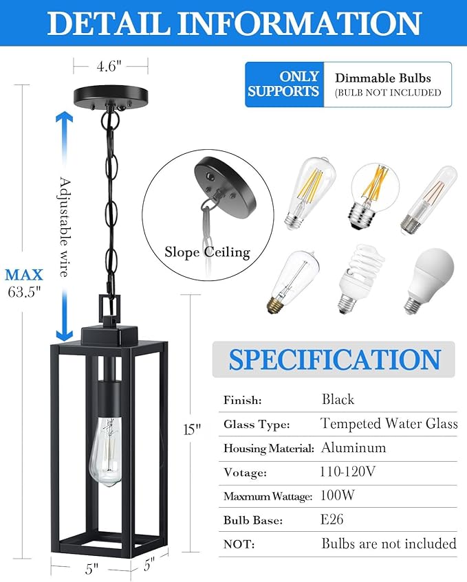 15'' Large Motion Sensor Outdoor Pendant Lights, Dusk to Dawn Modern Outside Chandelier Outdoor Hanging Lantern with Clear Glass, Exterior Pendant Lighting Fixture for Porch, Yard, Black, 1Pack