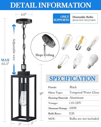 15'' Large Motion Sensor Outdoor Pendant Lights, Dusk to Dawn Modern Outside Chandelier Outdoor Hanging Lantern with Clear Glass, Exterior Pendant Lighting Fixture for Porch, Yard, Black, 1Pack