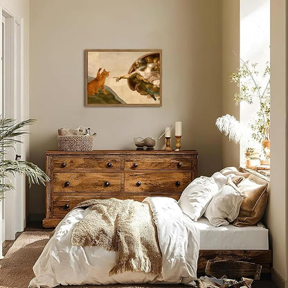 Funny Creation of Adam and Cat Wall Art, Whimsical Cat and God Wall Decor Painting Quirky Michelangelo and Animal Poster Canvas Print for Bedroom Living Room 12x16 inch Wood Framed
