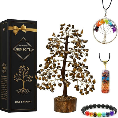 GEMSCITE Tiger Eye Crystal Tree with Golden Wire – Handcrafted Feng Shui Gemstone Bonsai for Energy & Protection