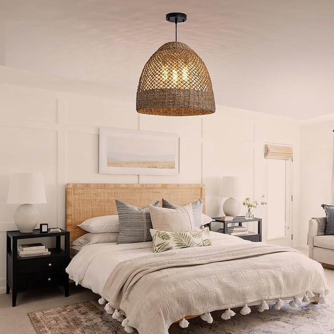 18.9" Costoal Pendant Light Fixture 3-Lights Farmhouse Rattan Chandelier Boho Hand Woven Wicker Hanging Light Fixture for Kitchen Island Living Room Bedroom Dining Room Foyer Restaurant